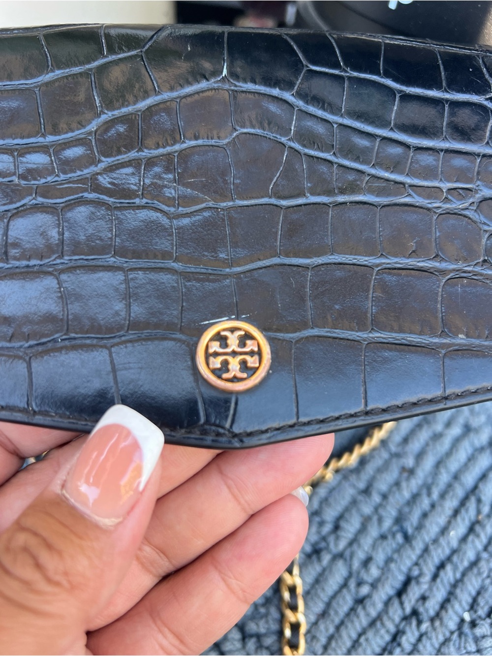 Tory Burch Black Croc-Embossed Leather Crossbody with Gold Logo